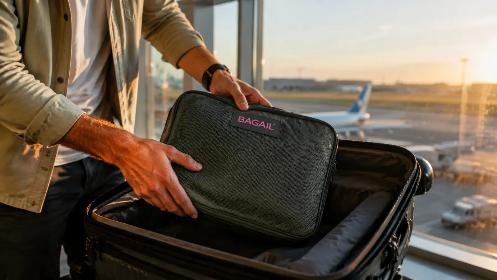 Hands placing a teal packing cube into a carry-on bag before a flight