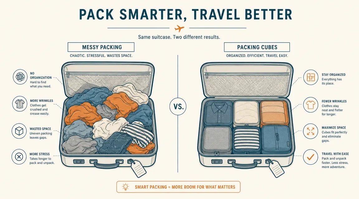 Side-by-side comparison of a chaotic unpacked suitcase versus the same suitcase organized with packing cubes
