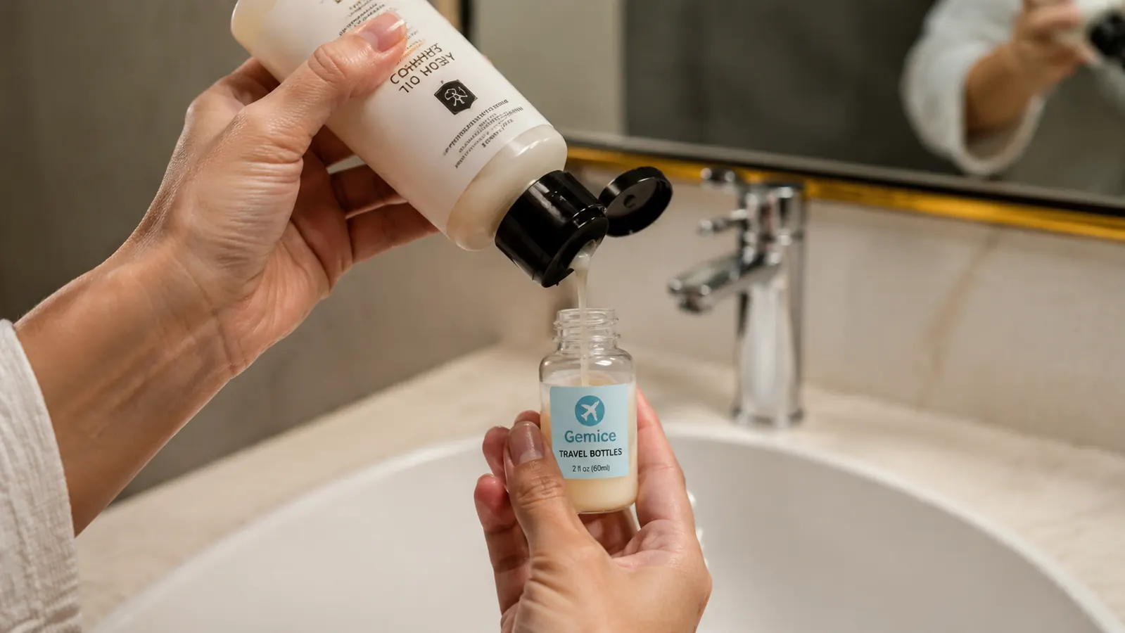 Hand filling a small clear travel bottle from a full-size shampoo bottle