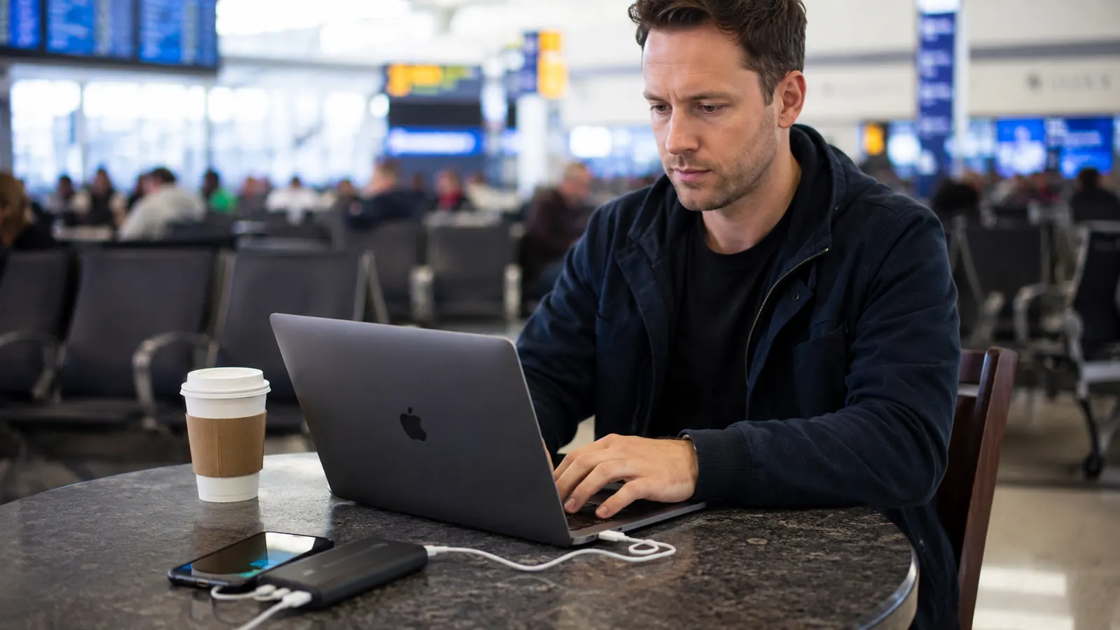 Traveler at a coffee shop table with a power bank charging a laptop and phone simultaneously, no wall outlet visible