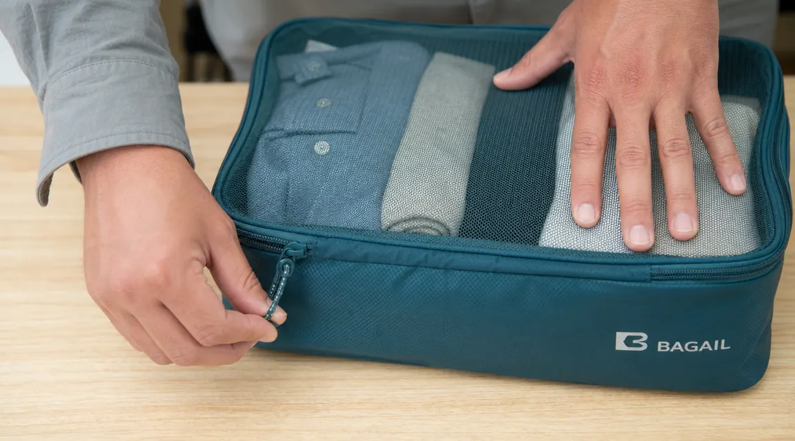 Hands zipping a BAGAIL packing cube closed on top of a folded stack of clothes