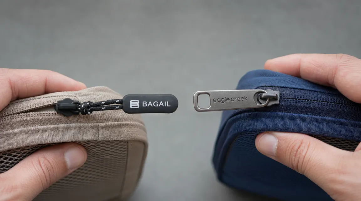 Close-up of a BAGAIL packing cube zipper pull next to an Eagle Creek zipper pull showing the difference in hardware construction