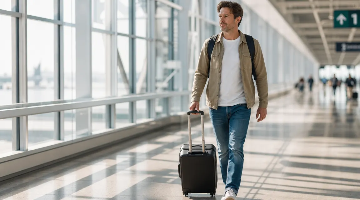 Traveler walking through an airport terminal corridor wearing a backpack, carry-on rolling beside them, relaxed posture