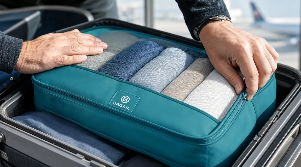 Hand zipping a teal packing cube closed over a rolled stack of clothes inside a carry-on bag
