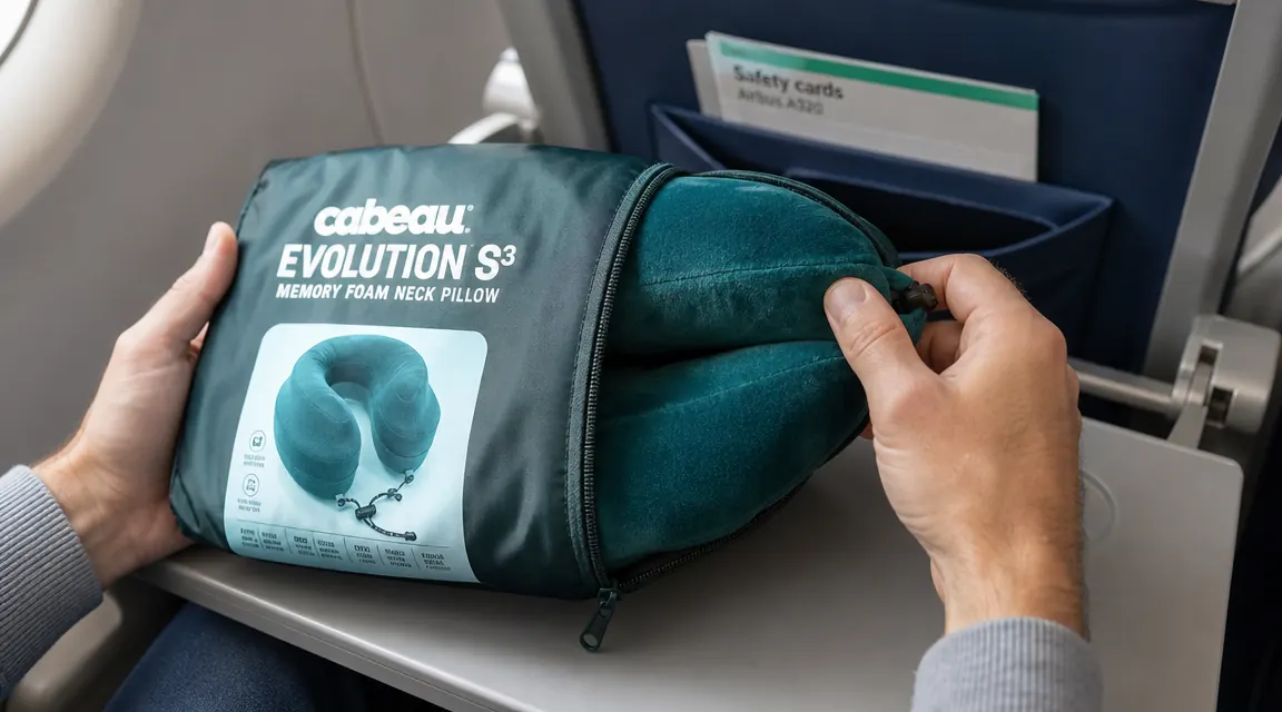 Close-up of the Cabeau Evolution S3 neck pillow being pulled out of its compact carry case on a seat tray table