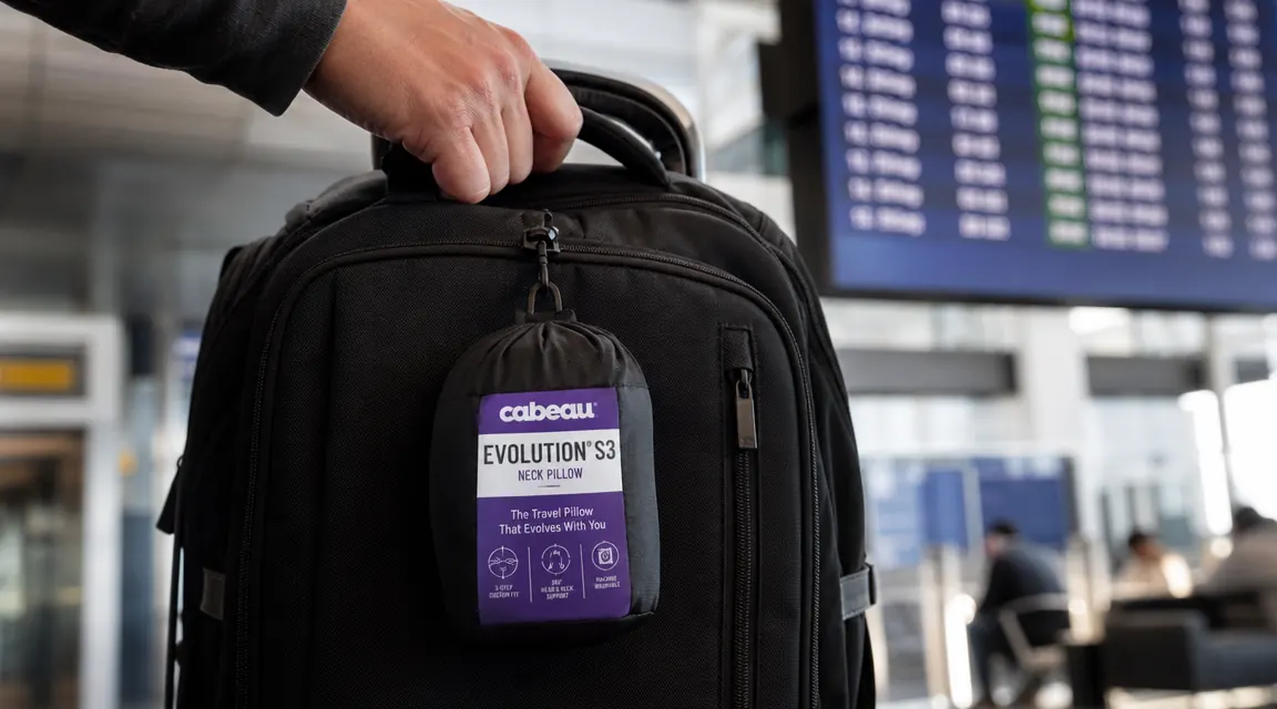Compact folded Cabeau Evolution S3 attached to the outside of a small carry-on backpack