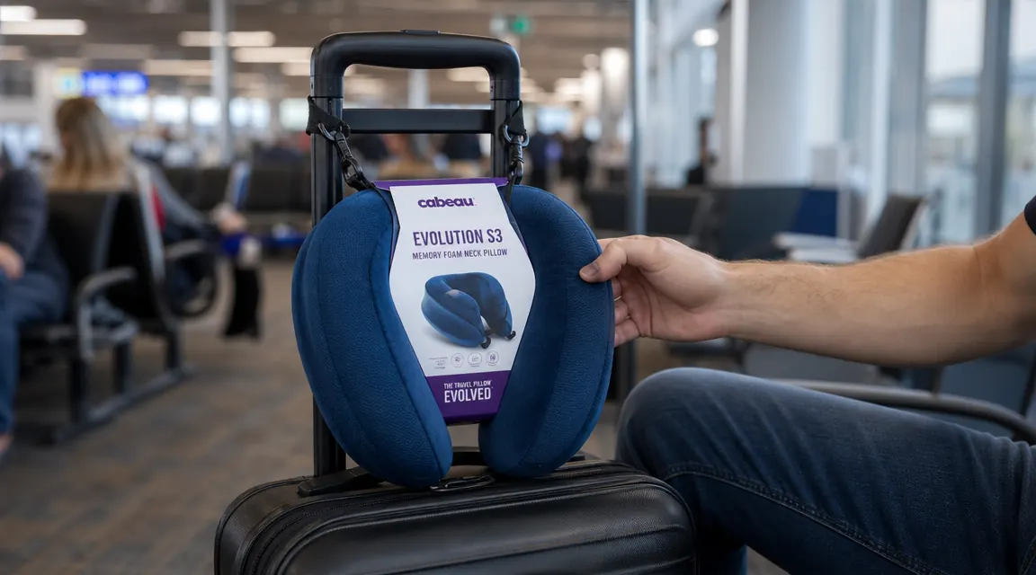 Cabeau Evolution S3 neck pillow clipped to a carry-on bag handle at an airport gate