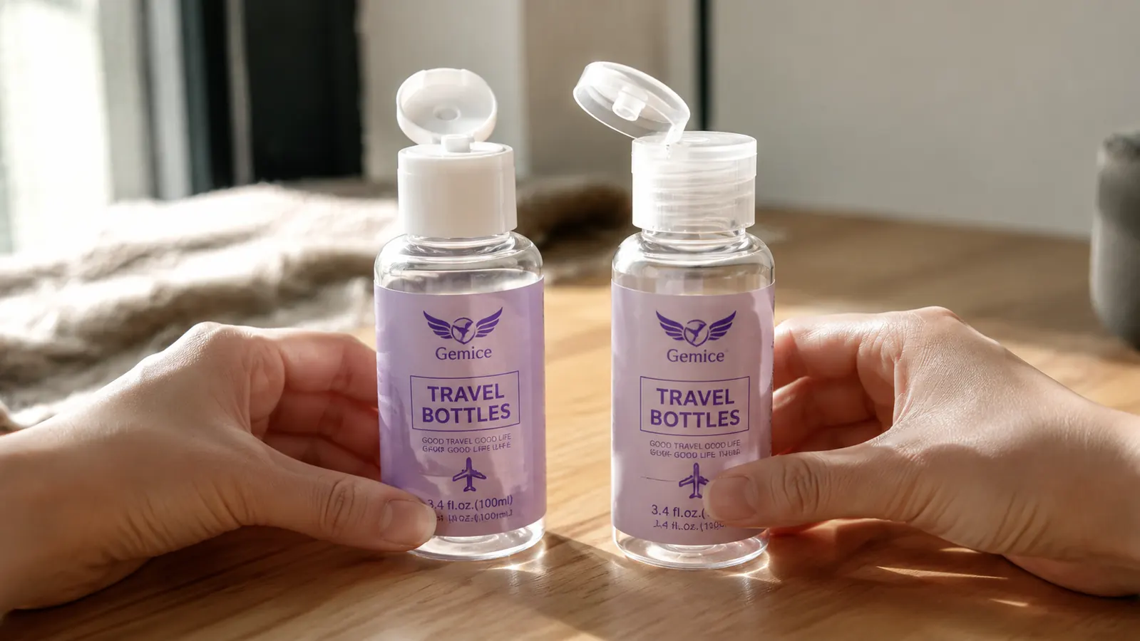 Side-by-side view of a disc cap versus flip cap on two Gemice travel bottles