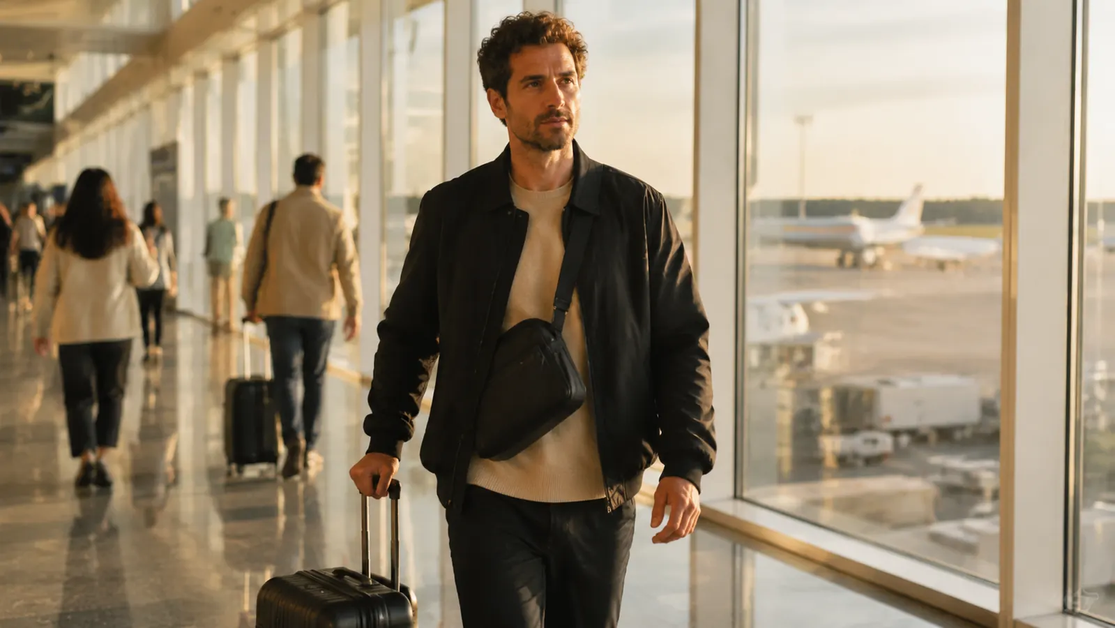 A traveler organizing a carry-on with packing cubes in a sunlit hotel room, warm natural light
