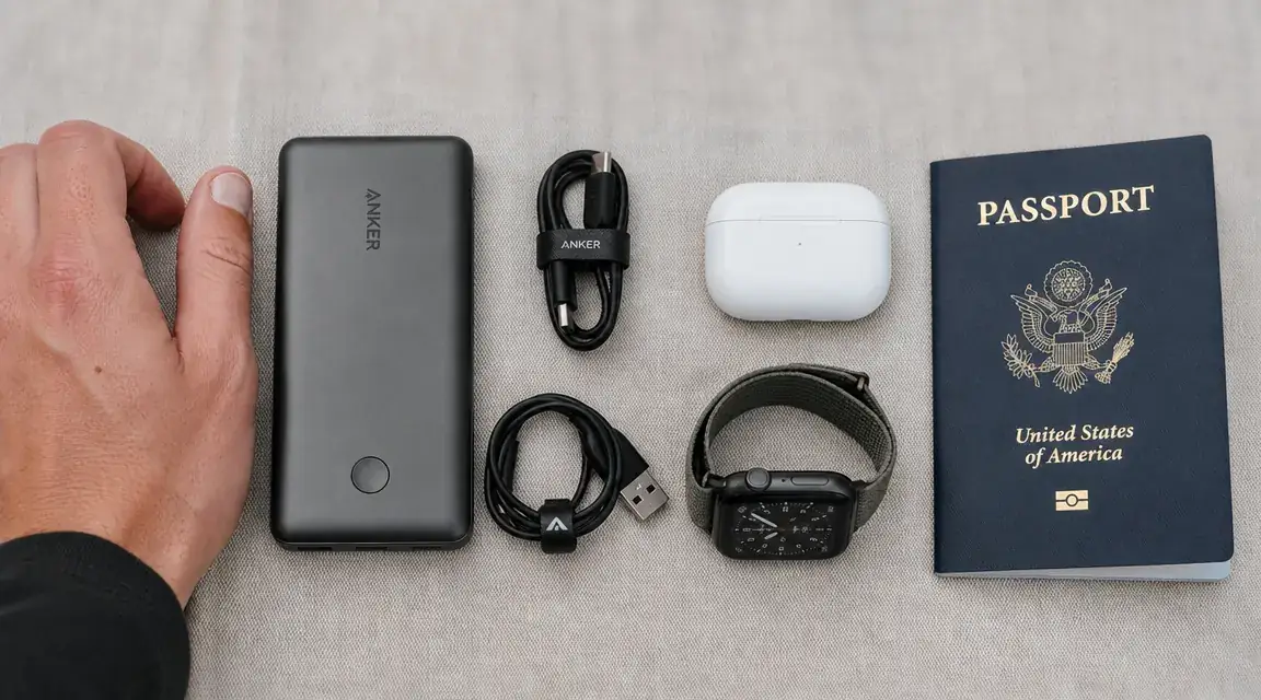 Flat-lay of organized carry-on bag contents: power bank, short cables, earbuds case, smartwatch, and passport