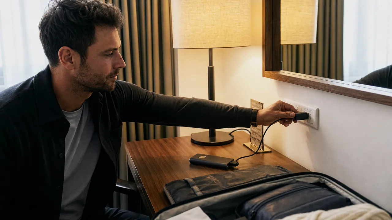 Traveler at hotel room desk plugging power bank into wall outlet to top it off before next morning departure