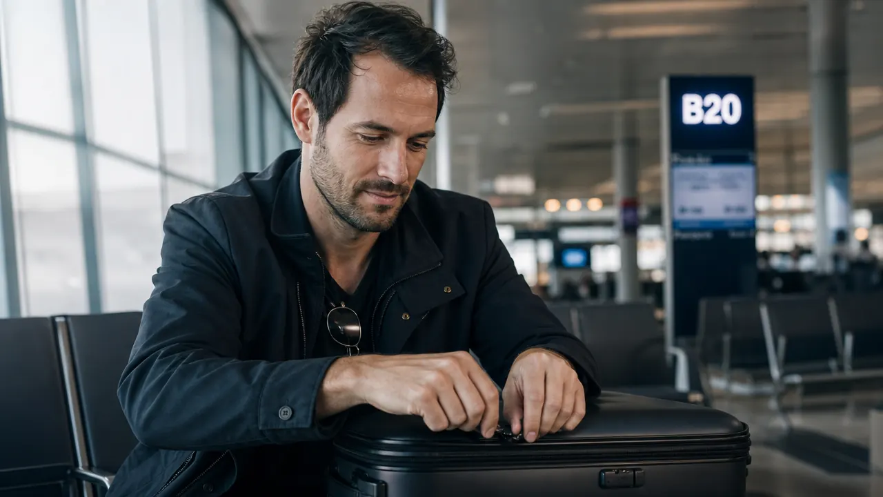 Traveler zipping a fully packed carry-on suitcase at a departure gate, packing cubes visible through the mesh pocket