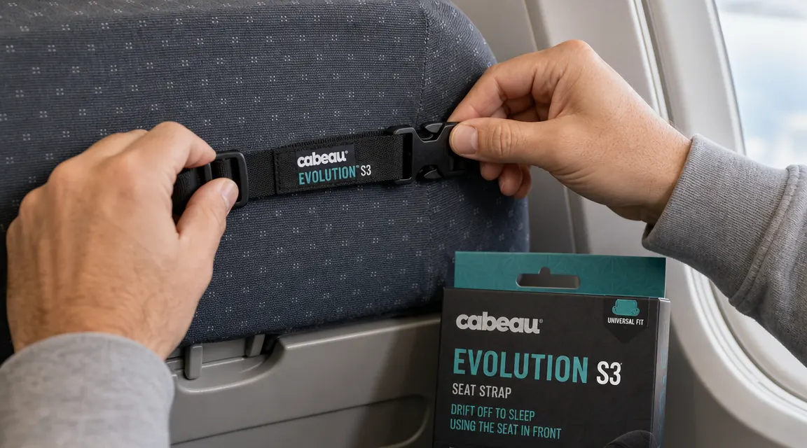 Hands adjusting the strap clips on a Cabeau Evolution S3 neck pillow, connecting them to the headrest straps of an airplane seat