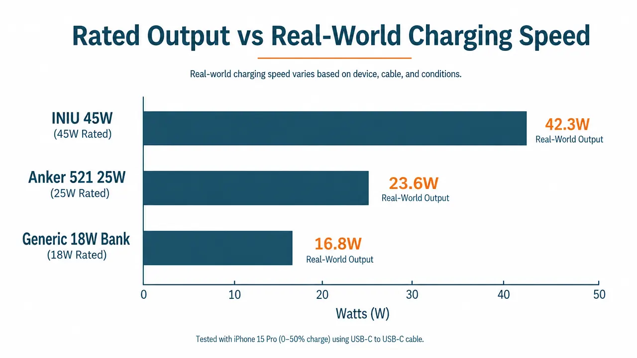 Chart comparing charging speed in watts across the INIU 45W and two competing travel power banks