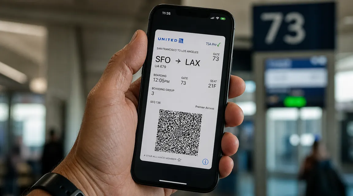 Mobile boarding pass displayed on a fully charged smartphone screen