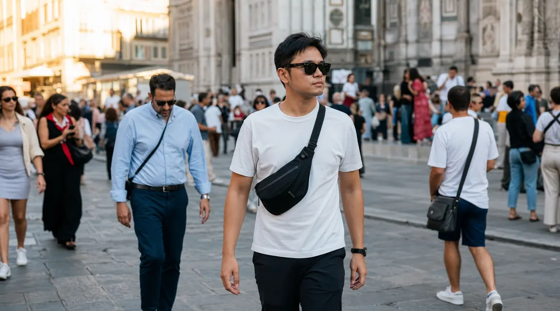 Traveler walking across a busy Rome piazza with a crossbody sling bag worn securely in front