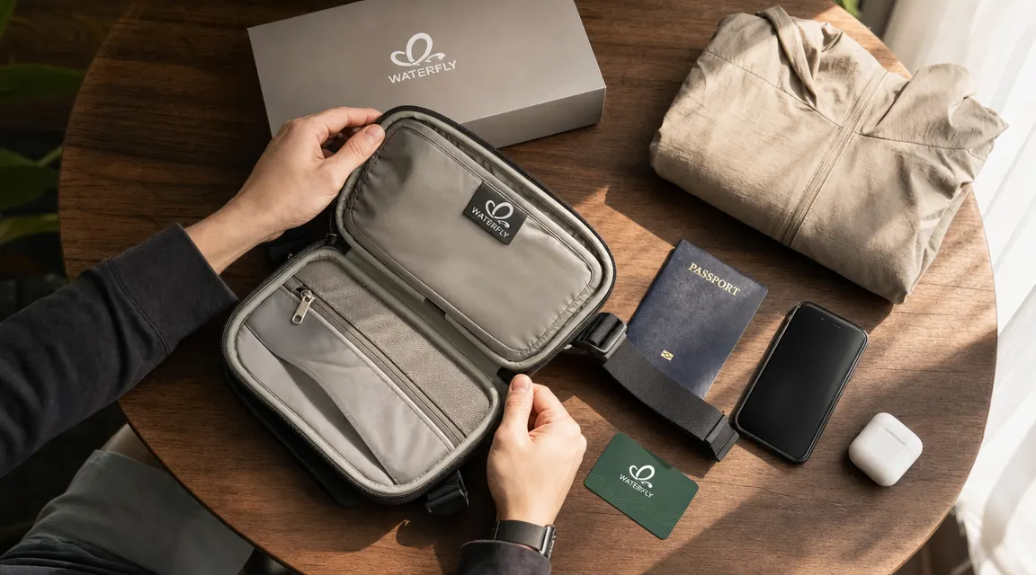 WATERFLY sling bag laid flat on a wood surface next to everyday carry items: passport, phone, transit card, small earbuds case, and folded rain jacket