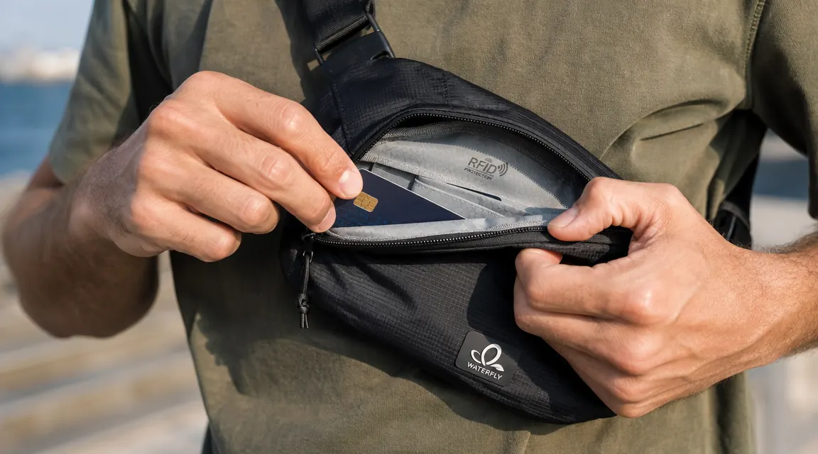 Close-up of WATERFLY sling bag RFID-lined inner pocket with two credit cards inserted, zipper pull visible, bag worn at chest level outdoors