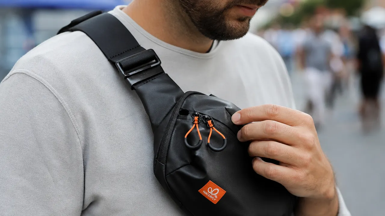 Close-up of WATERFLY sling bag strap adjustment buckle and anti-slash zipper pulls, worn on a crowded city street
