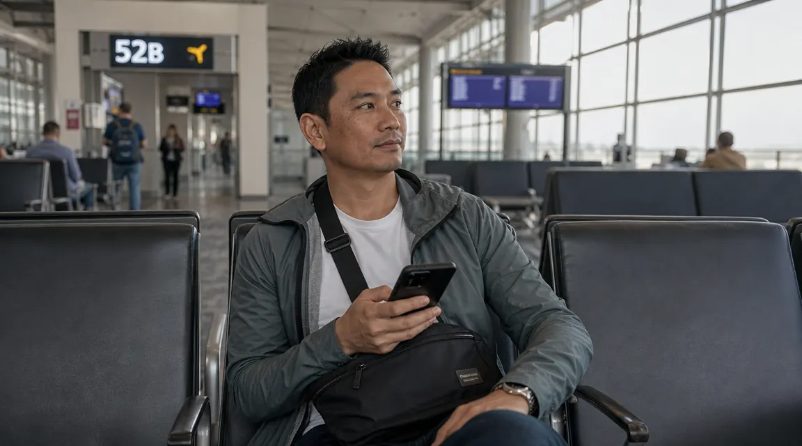 Traveler sitting in an airport departure lounge with WATERFLY sling bag on lap, phone and boarding pass visible