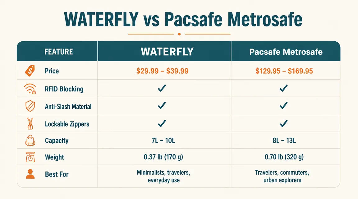 Comparison chart showing WATERFLY and Pacsafe Metrosafe specifications side by side